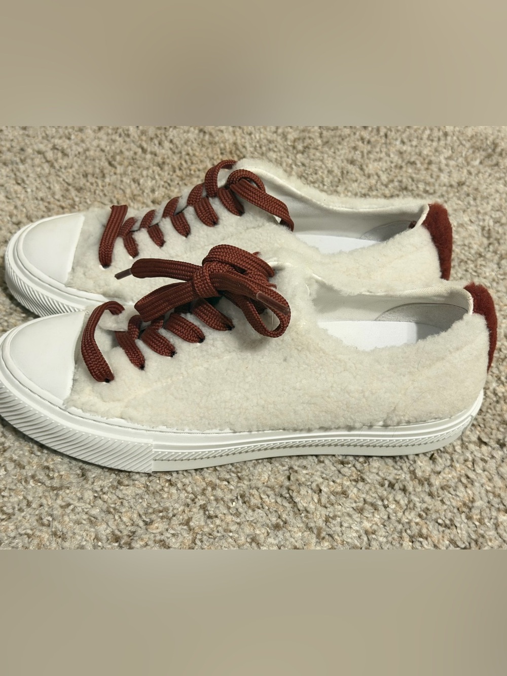 Stuart Weitzman Cream Sherpa Sneakers with Maroon Laces